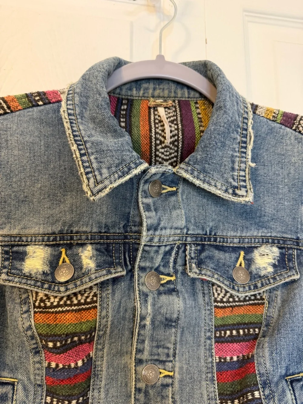 Free People Denim Jacket with Multicolor embroidered Panels - Picture 2 of 12